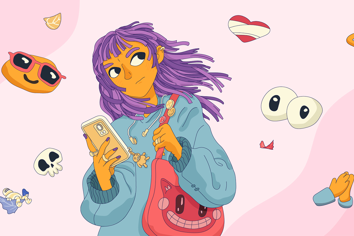 Illustration på en tjej som håller en mobil i telefonen och ser fundersam ut